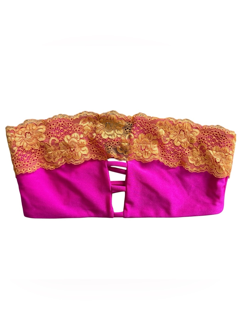 Beach Bunny Lady Lace Hot Pink Bandeau with Gold Lace Accent